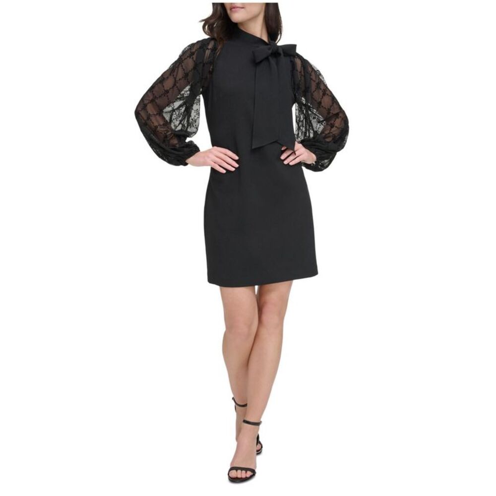 Vince Camuto Womens Crepe Bow Neck Sheath Dress, Black, 14, DM